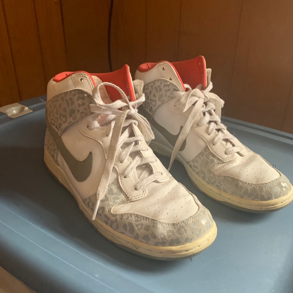 Red and White Nike DUNK hi-tops